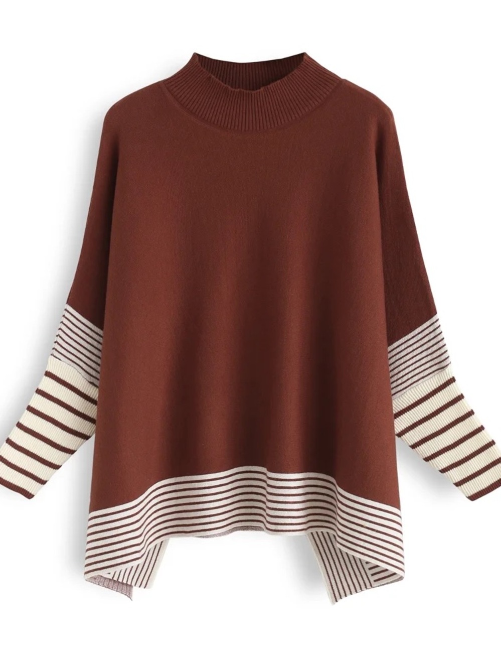 Chicwish Brown Pullover with Cream Striped Cuff & Hem